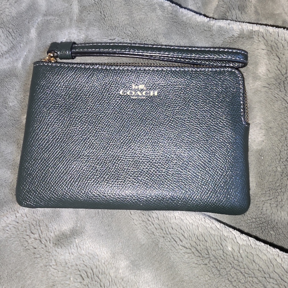 Coach Pebbled Leather Wristlet in Dark Green